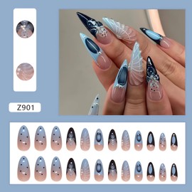 LPOODDNU Handmade Press on Nails Almond 3D Effect Fake Nails with Exquisite Flower Designs Glossy Blue False Nail Tips Cute Almond Shape Glue on Nails Medium Length Stick on Nails for Women 24Pcs