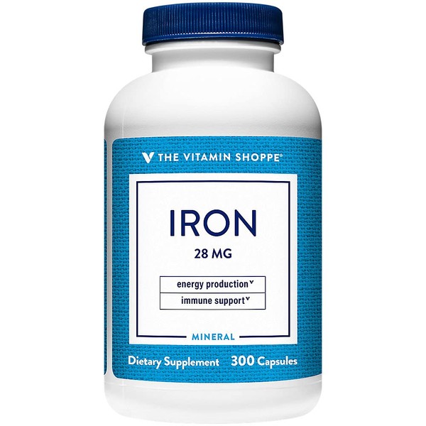 The Vitamin Shoppe Iron 28MG, Well Absorbed Forms of Iron, Supports Immune Health Energy Production, Essential Mineral, Once Daily (300 Capsules)