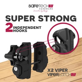 Safetech Hardware Two Sided Gate Latch with 2 Independent Latching Hooks for added security, Key Lockable on Both Sides, Heavy Duty Gravity Latch for Metal, Wood, and Vinyl Fences (SLV Viper X2 Black)