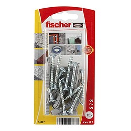 fischer | Kit de 12 Taquetes S de Nylon 7 mm Con 12 Tornillos, Para Concreto y Ladrillo Macizo