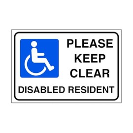 Please keep clear disabled resident - parking signs- 3mm Aluminum Dibond for indoor/outdoor usage (300mm x 200mm) 7m Viewing Distance.