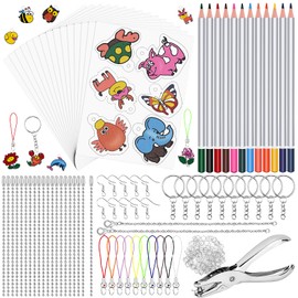 Hysagtek 193 Piece Shrink Film Set, 17 Sheets A5 Shrink Films, Key Fob, Handprint Set Including 5 Shrink Films for Painting with Pattern, Pencils, Hole Punch, Key Ring for Children