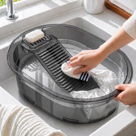 2-in-1 Hand Washing Basin with Washboard - BPA-Free Portable Laundry Tub for Home, Camping, RV,Outdoor - Non-Slip & Durable PET (Gray, 19in)