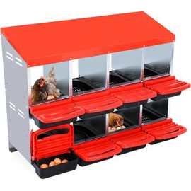Chicken Nesting Boxes, 8 Compartments Metal Hens Egg Laying Box with Roll Away Egg Collection Tray and Perch, Wall Mountable Chicken Laying Box Nesting Boxes for Chickens- Red Without Legs
