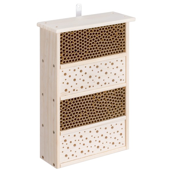 Navaris Bee House for Garden - 10.2" x 15.8" Bee Hotel for The Garden - Nesting Tubes Box with Holes for Carpenter Bees, Pollinating Bees, Mason Bees