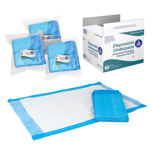 Dynarex Disposable Underpads, Medical-Grade Incontinence Bed Pads to Protect Sheets, Mattresses, and Furniture, 17”x24” (22g), 1 Case of 300 Disposable Underpads (3 Boxes of 100)