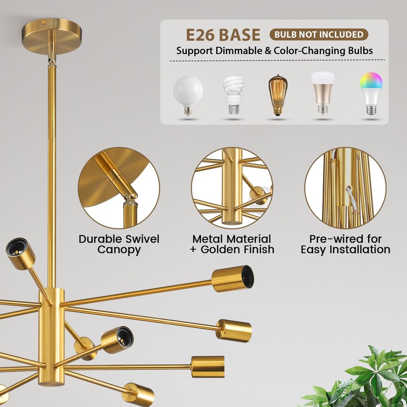 KAISITE Modern Sputnik Chandelier Ceiling Light Fixture 12-Light Gold Chandelier