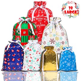 38PCS Christmas Drawstring Gift Bags,CASPLUS 7 Design Christmas Wrapping Bags, for Presents, Gift and Christmas Party