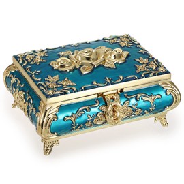 SUMNACON Vintage Metal Small Jewelry Box Trinket Box with Gold Flower Pattern, Retro Trinket Storage Organzier Box Jewelry Holder Box for Rings Earrings Necklace, Light Blue (Size L)