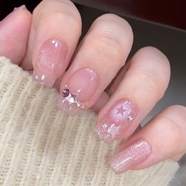 Press on Nails Medium Length Aritifical Square Fake Nails Rhinestones Stars Design Nude Glitter Arcylic False Nails Full Cover Reusable Coffin Nails Nature Fit Stick on Nails Glue on Nails for Women
