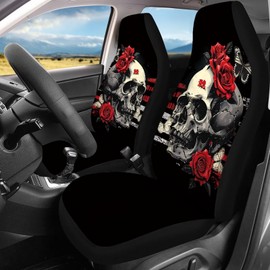 Howilath Car Seat Covers Full Set for Front Back Seat Protector Gothic Skull Red Rose Print Car Front Saddle Blanket and Auto Rear Bench Cover