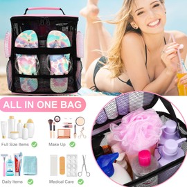 Mesh Shower Caddy Portable, Dorm Room Essentials for College Students Girls with Hanging Hook, Quick Dry Pink Shower Bag for Bathroom, Gym, Travel, Beach Camping Essentials, Birthday Gifts for Women