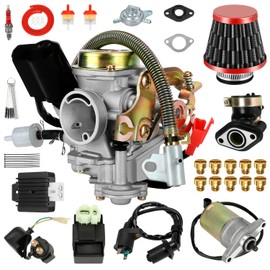 EOPOAYI GY6 50cc Carburetor Jets Ignition Coil Starter Kit Compatible with Tao tao 49cc 50cc ATM50 Pony VIP Scooter Moped Go Kart Parts, PD18J Carb for 4-Stroke 139QMB Engine Replacement Parts