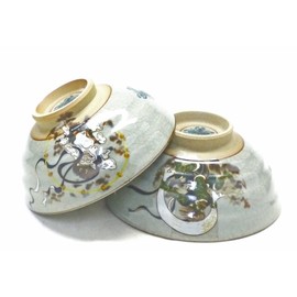 Kutani Ware [Pair of Rice Bowls] Fujin and Thunder God Naka-Urai