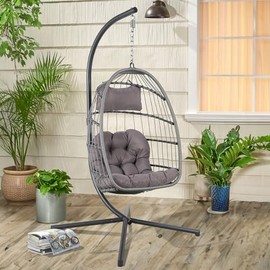 Hanging Egg Chair, Indoor Outdoor Swing Egg Basket Chairs with Stand UV Resistant Cushions 350lbs Capacity for Patio Wicker Backyard Balcony Xmas Gift, Dark Gray