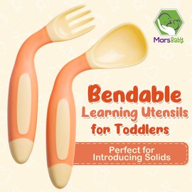 Mars Baby Silicone Baby Spoons Set for Self-Feeding - Bendable Learning Utensils for Toddlers - Perfect for Introducing Solids - With Travel Case - Orange