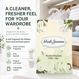 XL Jasmine Wardrobe Fresheners with Retractable Hanging Hook - 6 Pack | 15g Premium Vermiculite & Essential Oils | Long-Lasting Scented Sachets for Wardrobes and Drawers | Home Fragrance UK