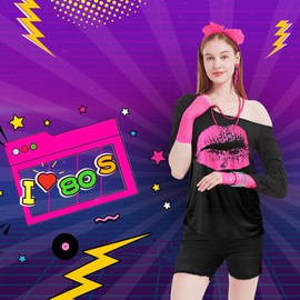 WILDPARTY 80s 90s Outfit Women's T-Shirt, Leg Warmer, Headband, Earring, Necklace, Mesh Gloves, 80s 90s Costume Theme Party Accessories Clothing Neon Party Carnival JD-80SMouth