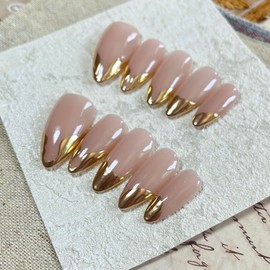 CkeYesOwn French Tip Handmade Press On Nails Almond- Cat Eye with Gold Tip Design, French Fake Nails, Glossy Glue on Nails for Women Manicure(Large)