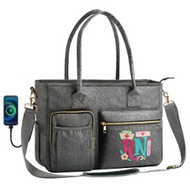 FUZVOL Nurse Bag for Work, 17'' Large Nursing Bags for Nurses, Nurse Tote Bag, Clinical Bag for Women, Nursing Essentials, Waterproof Utility Bag, Grey RN
