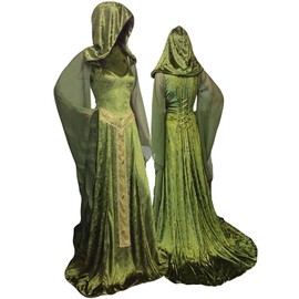 YANVS Women's Medieval Lace-up Vintage Hooded Cloak Robe Adult Costume Retro Cosplay Long Dress,Small