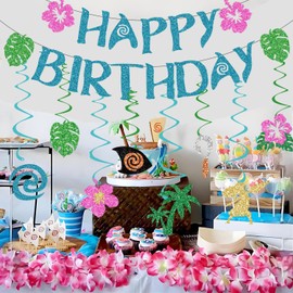 Hawaiian Happy Birthday Banner Glittery Gold Birthday Banner for Party Decorations Birthday Sign Tropical Luau Summer Baby Shower Decor Party Supplies Decor