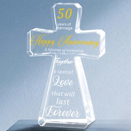 Bluebook 50th Anniversary Wedding Crystal Standing Cross Gifts for Couple,4x6in Happy Anniversary Table Decoration for Parents, 50 Years of Marriage Best Gifts Idea for Women Her Him