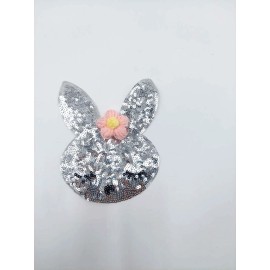 Mhy Line Sequin Patch: Small Bunny Head with Pink Crochet Flower