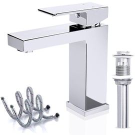 Solid Brass Chrome Bathroom Faucet, Bathroom Sink Faucet for 1 Hole, Lead-Free Single Handle Vanity Faucet with Two Flexible Hoses(Hot and Cold) & Pop Up Drain Stopper(Polished Chrome)