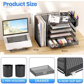 OPNICE Organizador de escritorio, organizador de archivos de papel de 5 niveles con cajón y soporte para bolígrafos, accesorios de escritorio de ofici