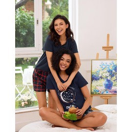 Crewhpo Women's Short Pyjamas Short Sleeve with V-Neck Sleepwear Two Piece Cotton Pyjamas Checked for Summer Loungewear Set Women Leisure Suit, E-blue., XL