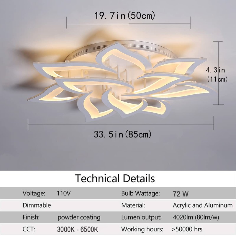 Garwarm Dimmable LED Ceiling Light, 72W Modern Acrylic Flush Mount