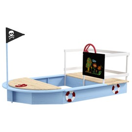 Outsunny Kids Wooden Sandbox, Pirate Ship Sand Pit with Flag, Blackboard, Rudder, Anchor Sign, Storage Deck for Backyard Garden, Gift for Age 3-7 Years, 68" x 44" x 39", Blue