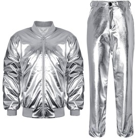 Halfchet Men's Metallic Jacket and Pants Set Jacket Men Straight Leg Trousers Costume for Men Disco Cosplay Party (Silver,Large)