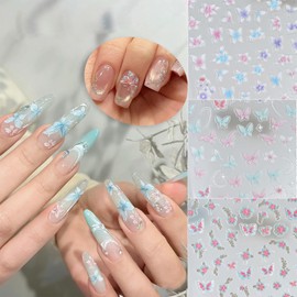 FNKFNK 3 Sheets Butterfly Nail Art Stickers Colorful Flower Nails Decals 5D Embossed Self-Adhesive Pink Blue Butterfly Lily Flower Hibiscus Floral Design Nail Sticker for Women DIY Nail Art Decoration