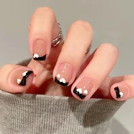 Handcess Square French False Nails Pink Glossy Fake Nail Short Press on Nails Ballerina Heart Acrylic Stick on Nails for Women and Girls(24pcs)