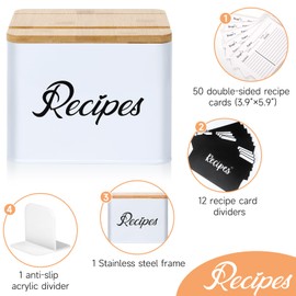BooGoose White Stainless Steel & Bamboo Recipe Box - Modern Style, 7"L x 6.02"W x 5.04"H, Includes 50 Recipe Cards & 12 Dividers, Phone Stand & Holder