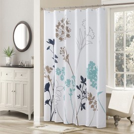 DS BATH Silhouette Blue Flower Fabric Plants Printed Navy Fabric Shower Curtain,White Floral Bathroom Curtains,72" W x 78" L