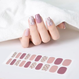 WOKOTO 1 Sheet Semi Cured Gel Nail Strips With Wood Stick, Nail File & Prepared Pads, 20 Tips Pink Flowers Semi Cured Nail Polish Strips, Harden With UV Light Gel Nail Wraps Stickers For Women Girls
