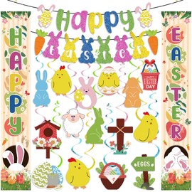 Easter Decorations Happy Easter Porch Banner Eggs Garland with Hanging Swirls Bunny Banner for Home School Classroom Spring Party Decorations
