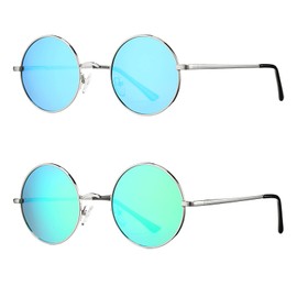 COASION 2 Pack Retro Small Round Polarized Sunglasses for Women Men Circle UV400 Sun Glasses (Silver Frame/Blue Mirror Lens + Silver Frame/Green Mirror Lens)