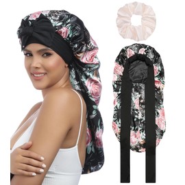 Coubeau Long Sleep Cap Satin Bonnet - Silk Hood for Sleeping Night Sleep Hat Adjustable Sleep Cap Headgear Soft Head Cover Sleep Cap Silk with Elastic Band for Women and Girls, Rose pattern