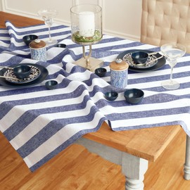 Solino Home Linen Square Tablecloth 52 x 52 Inch - Cabana Stripe, 100% Pure Linen Navy and White Table Throw - Machine Washable Tablecloth for 4th of July, Summer