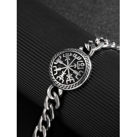 PESOENTH Mens Silver Bracelet for Men,Viking Rune Compass Vegvisir Stainless Steel Silver Chain Bracelet Men's Jewelry Viking Gifts for Men