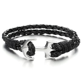 COOLSTEELANDBEYOND Mens Women Marine Anchor Wrap Bracelet Wristband, Double-Lap Black Braided Leather, Nautical Sailor(CA)