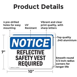 (2 Pack) Reflective Safety Vest Required OSHA Notice Sign 10 Inch X 7 Inch Indoor/Outdoor Rust-Free Aluminum Metal Signs for Workplace, Workshop, and Construction Site, Made in the USA