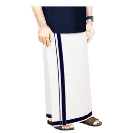 Kolakeer® Men's Cotton White Dhoti with Kerala Kara Border - Traditional South Indian Veshti Mundu (3.6 Mtrs/Double Layer, Navy)