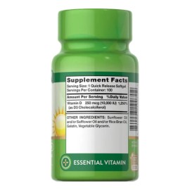 Nature's Truth Suplemento de Vitamina D3 100 cápsulas 250 mcg 10,000 IU por cada cápsula para 3 meses Sin Sabor