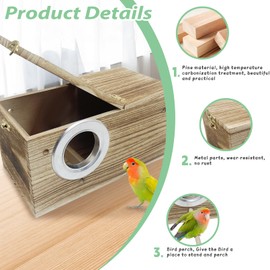 PINVNBY Parakeet Nesting Box, Carbonized Wood Bird Box, Wood Breeding Box for Birds, Budgie Lovebirds Conure Finch Parrot Canary (M: 9.8 x 5.3 x 5.3 inch)