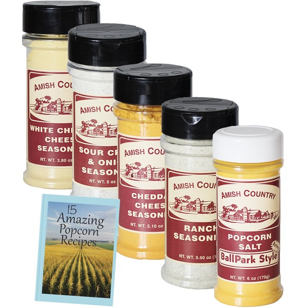 Amish Country Popcorn | Seasoning Variety Pack | 5 Bottles | Ballpark Buttersalt, Cheddar Cheese, White Cheddar, Ranch, Sour Cream and Onion | Old Fashioned With Recipe Guide